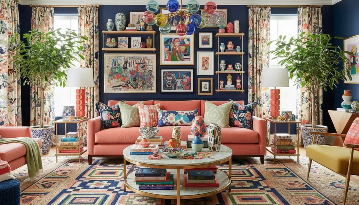 Bold maximalist dopamine decor with vibrant colors and patterns